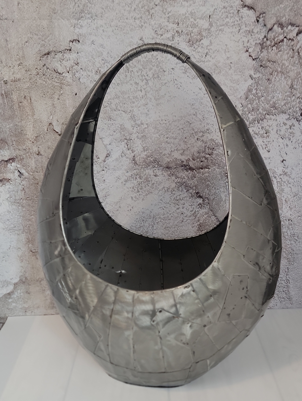 Modern Brutalist Metal Crescent Basket - Silver Home Art Accent